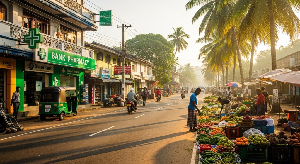 AI_IMAGE: A bustling Sri Lankan small town street on a bright morning with colorful shopfronts, a pharmacy with green signage, a small bank branch, vendors setting up fresh produce stalls, tropical palms lining the road, warm golden light, vibrant community atmosphere, shot at eye level with depth of field | photorealistic | landscape