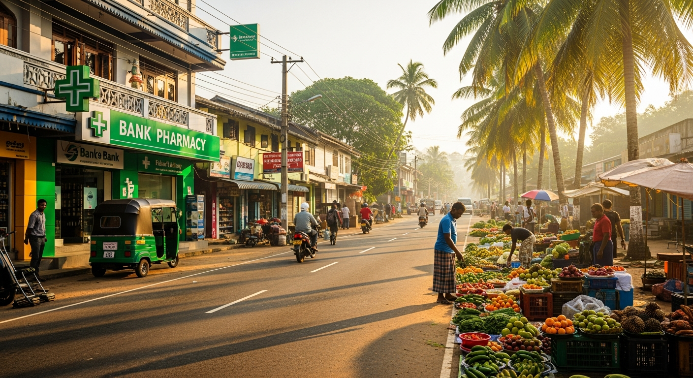AI_IMAGE: A bustling Sri Lankan small town street on a bright morning with colorful shopfronts, a pharmacy with green signage, a small bank branch, vendors setting up fresh produce stalls, tropical palms lining the road, warm golden light, vibrant community atmosphere, shot at eye level with depth of field | photorealistic | landscape