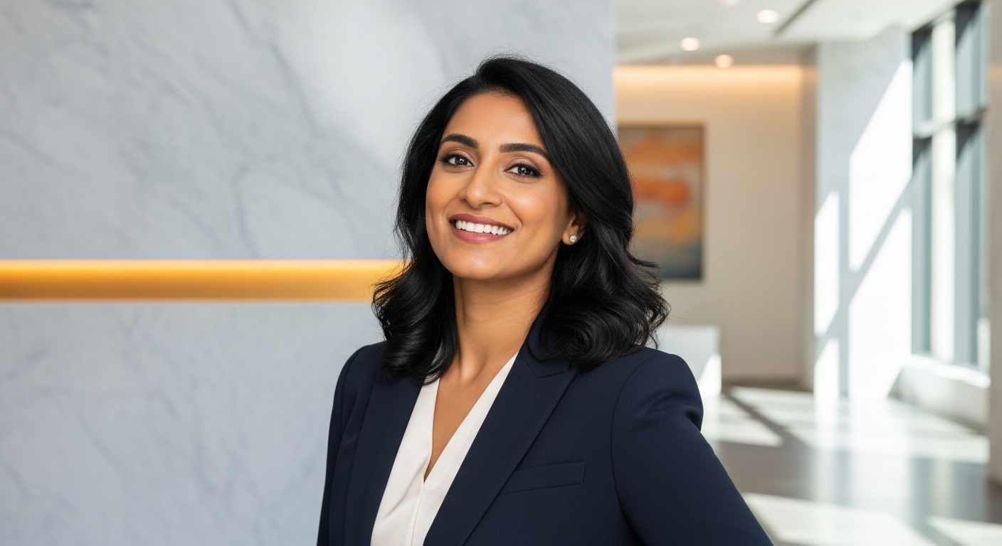 AI_IMAGE: Professional headshot of a South Asian woman in her mid-30s with a warm confident smile, wearing a tailored dark blazer over an ivory blouse, standing in a bright modern office lobby with subtle amber accent lighting and marble surfaces | photorealistic | 3:4 portrait