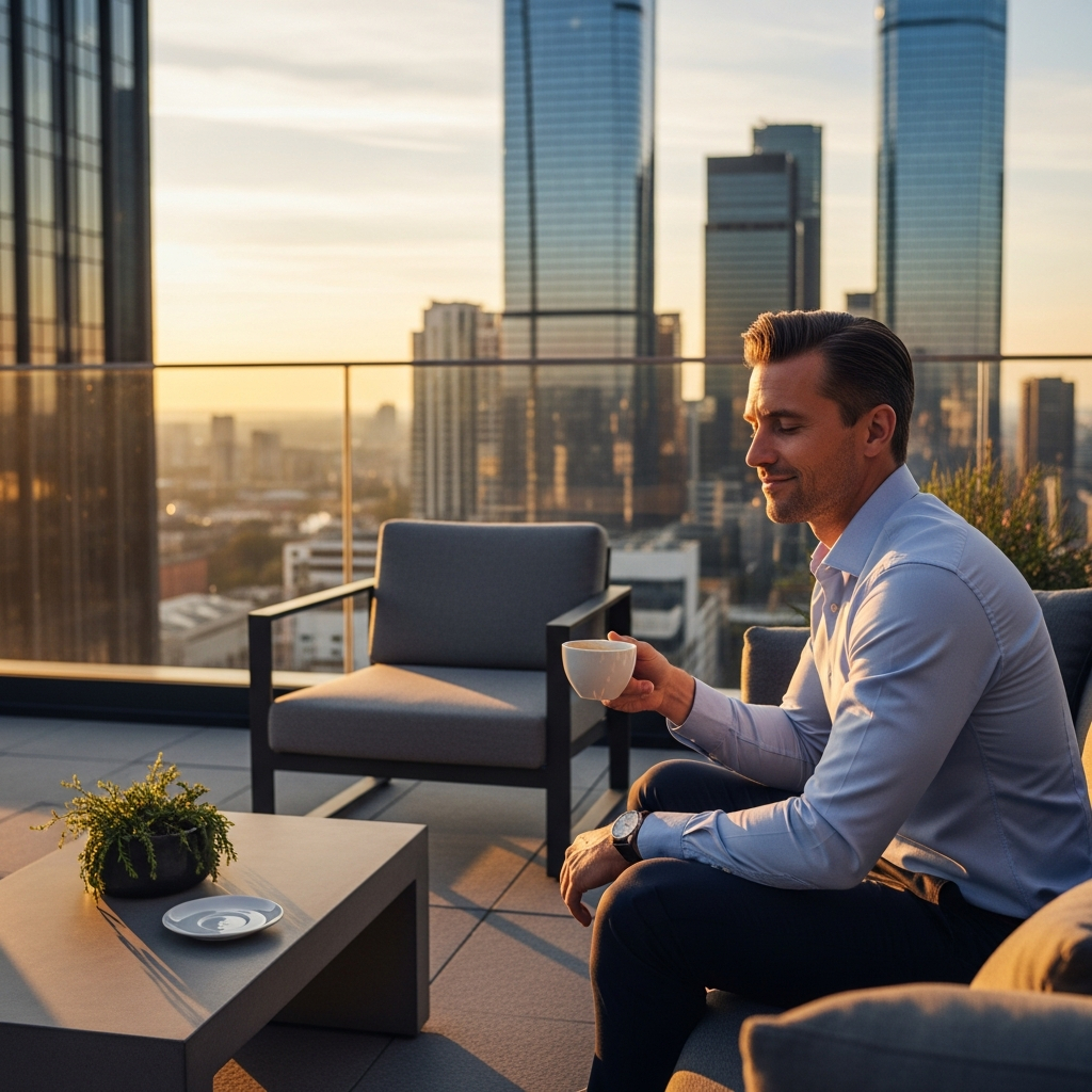 AI_IMAGE: A professional enjoying a peaceful moment on an office rooftop terrace, modern city skyline in background, comfortable outdoor seating, cup of coffee in hand, relaxed and content expression, golden hour lighting | photorealistic | square