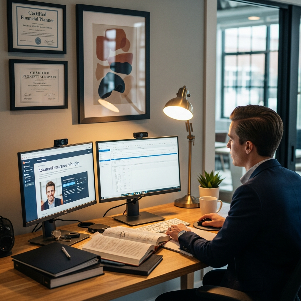 AI_IMAGE: An insurance professional studying at a clean modern desk with certifications and textbooks, a laptop open to an online course, warm ambient lighting, focused and determined expression | photorealistic | square