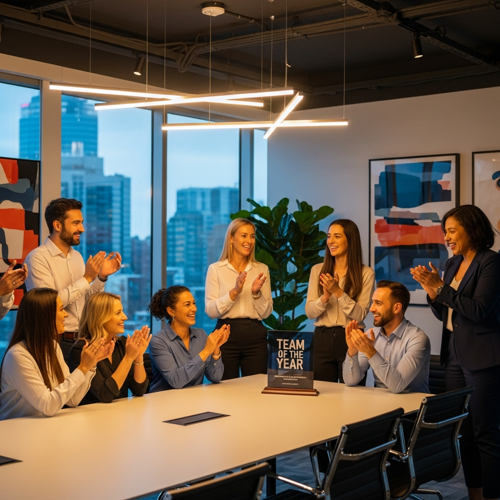 AI_IMAGE: A group of diverse insurance professionals celebrating a team win in a modern office, clapping and smiling, warm overhead lighting, glass walls and contemporary decor in background | photorealistic | square