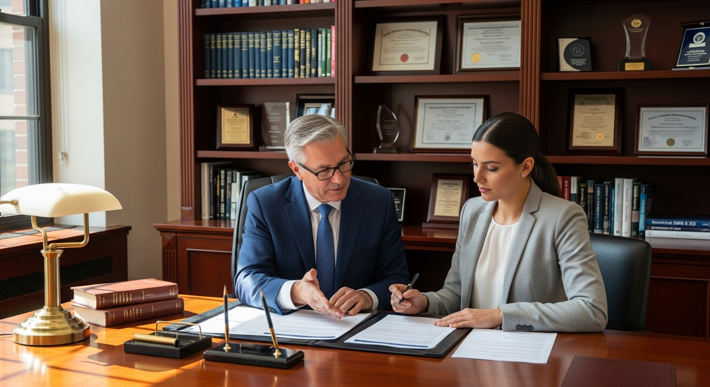 AI_IMAGE: A senior insurance executive mentoring a younger colleague at a polished wooden desk, warm office environment with bookshelves and framed credentials in the background, both professionals reviewing documents together, conveying trust and guidance | photorealistic | landscape