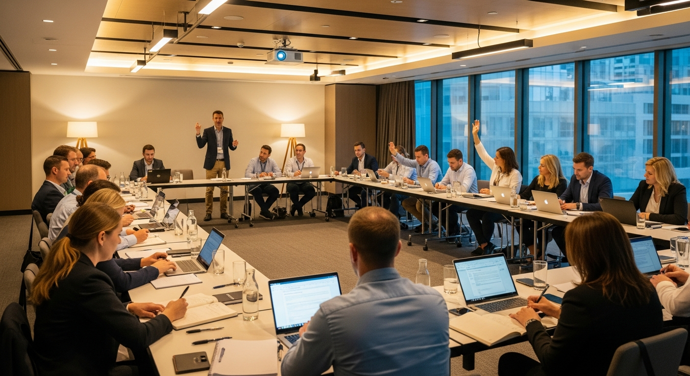 AI_IMAGE: Insurance professionals attending a modern conference workshop, engaged in an interactive session with a speaker at the front, contemporary conference room with warm lighting, notebooks and laptops open, professional yet approachable atmosphere | photorealistic | landscape