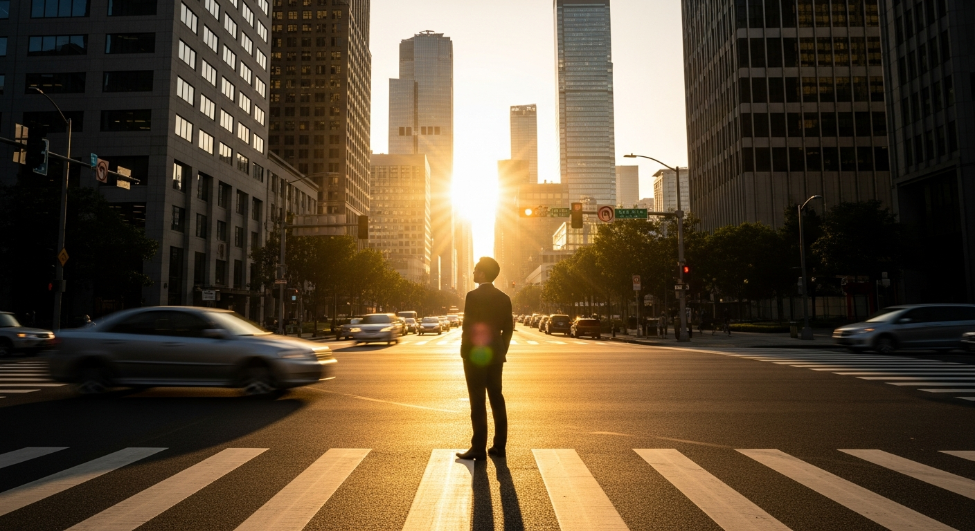 AI_IMAGE: A professional at a crossroads in a modern city, standing confidently at an intersection looking toward a financial district skyline, warm golden hour light, metaphorical composition of career change | photorealistic | landscape