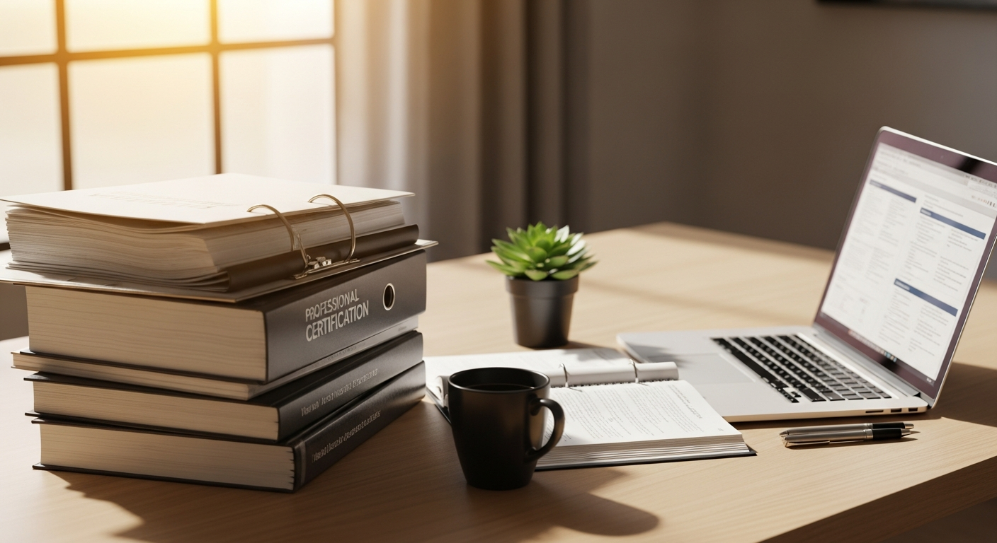 AI_IMAGE: A stack of professional certification study materials and a laptop on a clean modern desk, warm natural light from a window, organized workspace atmosphere with a cup of coffee | photorealistic | landscape
