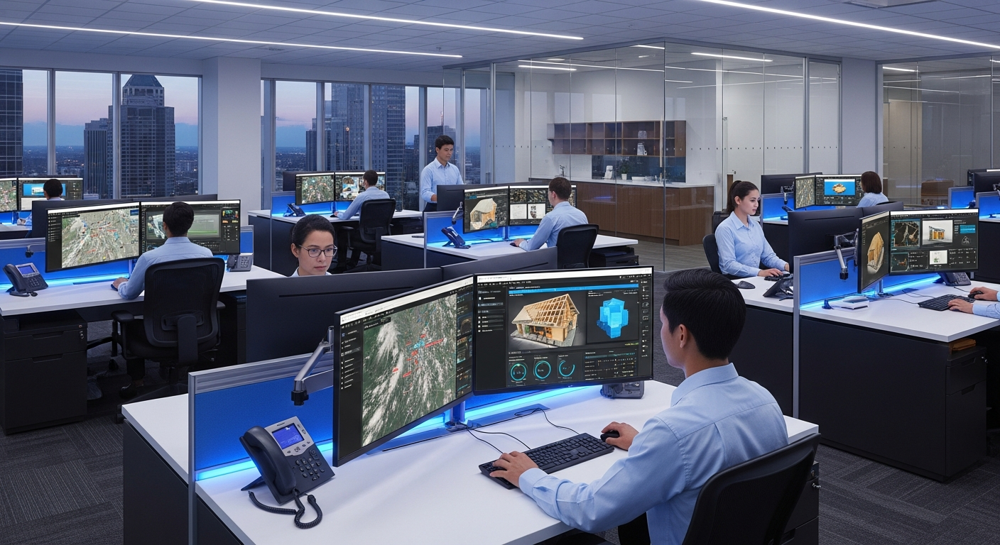 AI_IMAGE: A modern claims operations center with adjusters using dual monitors showing AI-powered damage assessment tools and satellite imagery, contemporary office with blue accent lighting | photorealistic | landscape