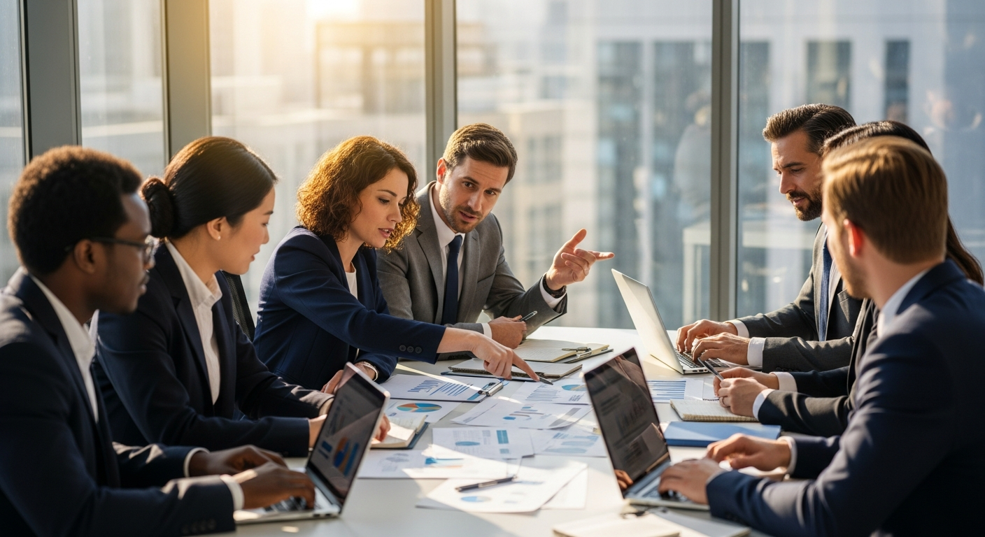 AI_IMAGE: A group of diverse insurance professionals in a modern glass-walled meeting room, engaged in animated discussion over documents and laptops, warm afternoon sunlight streaming in, candid collaborative atmosphere | photorealistic | landscape