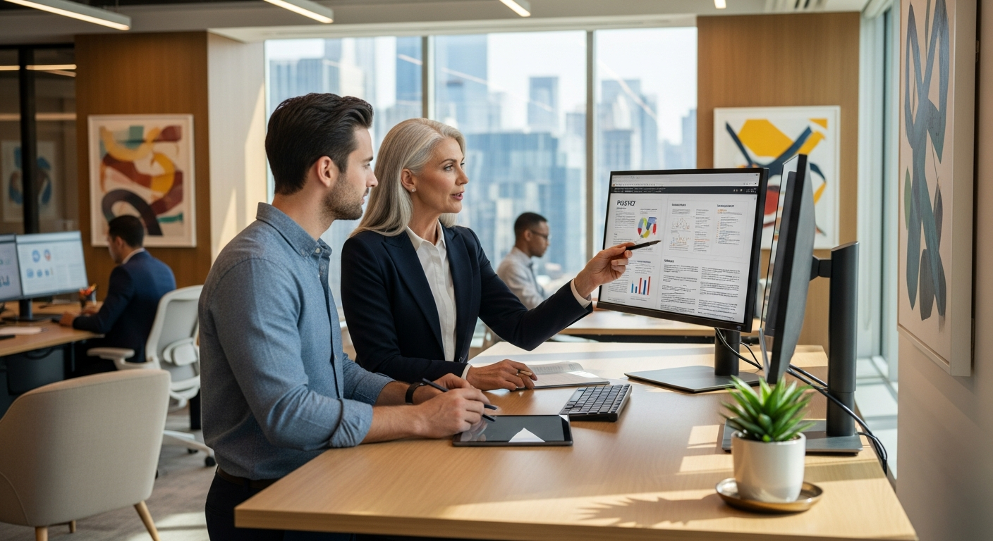 AI_IMAGE: A senior insurance professional mentoring a younger colleague at a sleek standing desk, reviewing policy documents on a widescreen monitor, modern corporate office with warm tones and city skyline visible through floor-to-ceiling windows | photorealistic | landscape