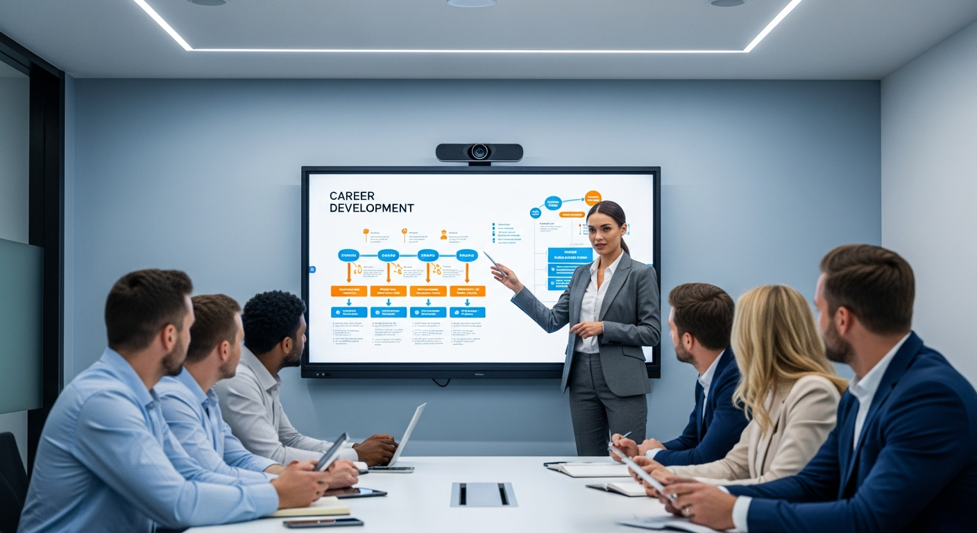 AI_IMAGE: A professional woman in business attire presenting a career development roadmap on a large interactive screen to a small attentive audience in a contemporary training room, motivational atmosphere, bright LED lighting | photorealistic | landscape