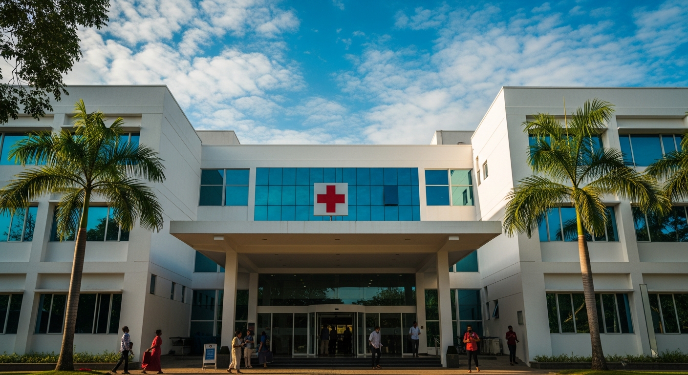 AI_IMAGE: An exterior view of a clean, modern hospital building in Sri Lanka with white walls, glass entrance doors, and a red cross sign. Palm trees frame the building with a bright blue sky above. A few people walk near the entrance. Warm afternoon lighting. | photorealistic | landscape