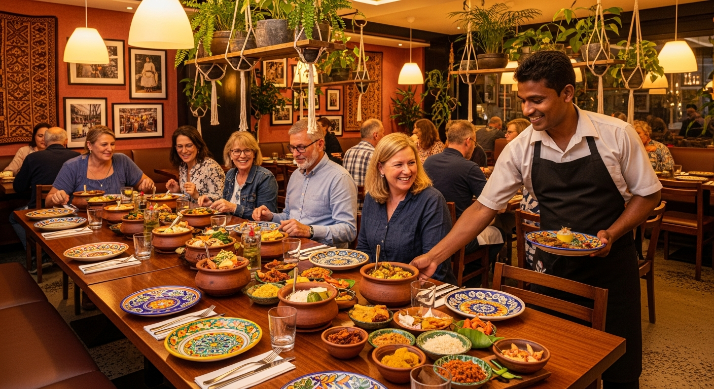 AI_IMAGE: Interior of a cozy Sri Lankan restaurant with warm ambient lighting, wooden tables set with traditional clay pots and colorful dishes. Lush green plants decorate the space. A friendly waiter serves food to smiling diners. | photorealistic | landscape