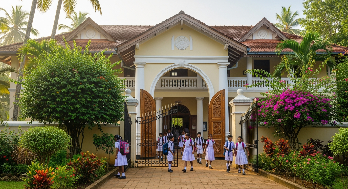 AI_IMAGE: A bright and welcoming Sri Lankan school building entrance with children in white uniforms walking through the gates. The building has cream colored walls with a terracotta roof. Tropical trees and a garden surround the entrance. Morning light. | photorealistic | landscape