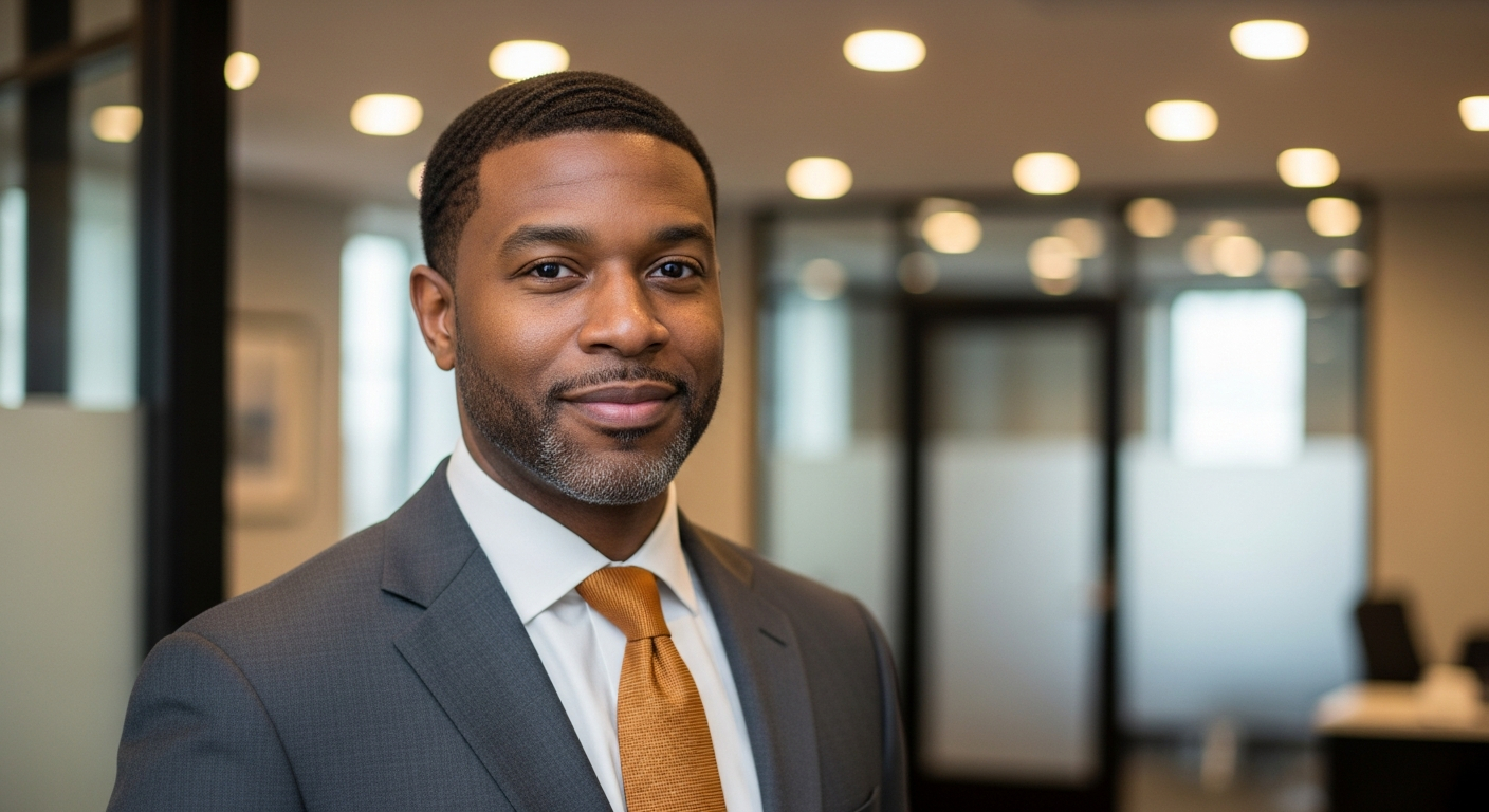 AI_IMAGE: Professional headshot of a confident Black man in his late 30s wearing a charcoal suit and amber tie, standing in a contemporary insurance office with glass partitions and warm overhead lighting, neutral blurred background | photorealistic | 3:4 portrait