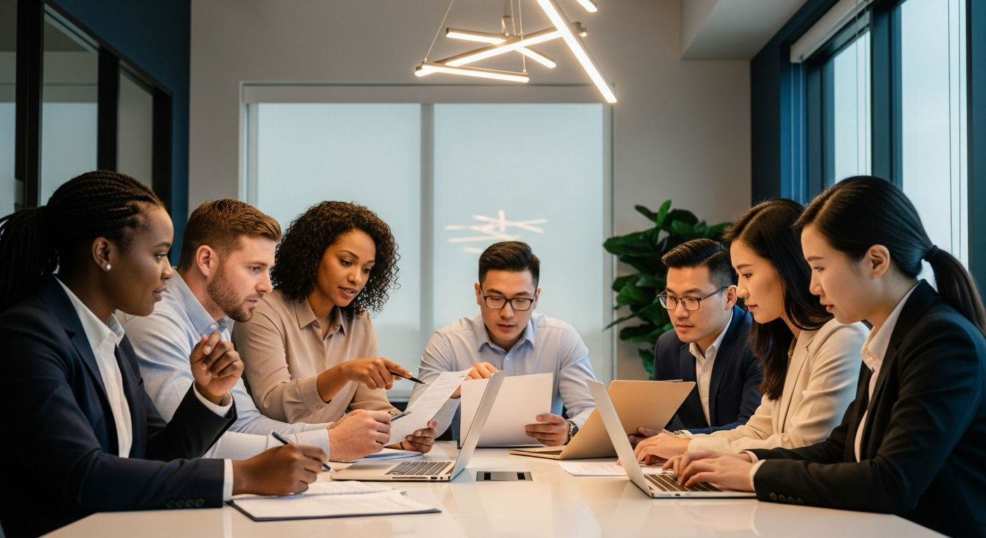AI_IMAGE: A diverse team of insurance claims professionals gathered around a conference table reviewing documents and laptops in a modern office with navy accent walls and warm ambient lighting | photorealistic | 16:9 landscape