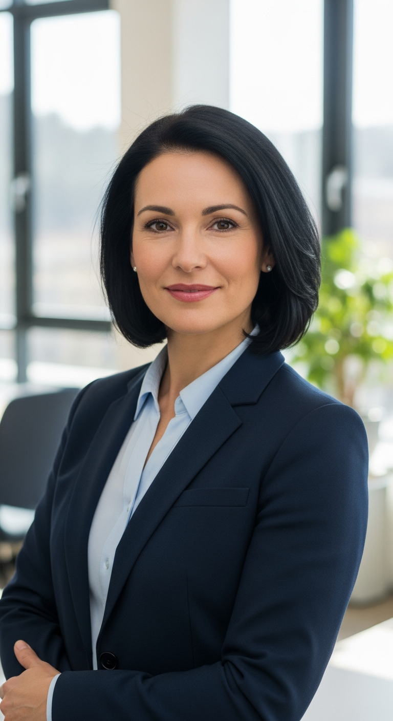 AI_IMAGE: A confident professional woman in her late 40s wearing a navy blazer, warm expression, standing in a modern office with natural light, corporate headshot style with soft bokeh background | photorealistic | portrait