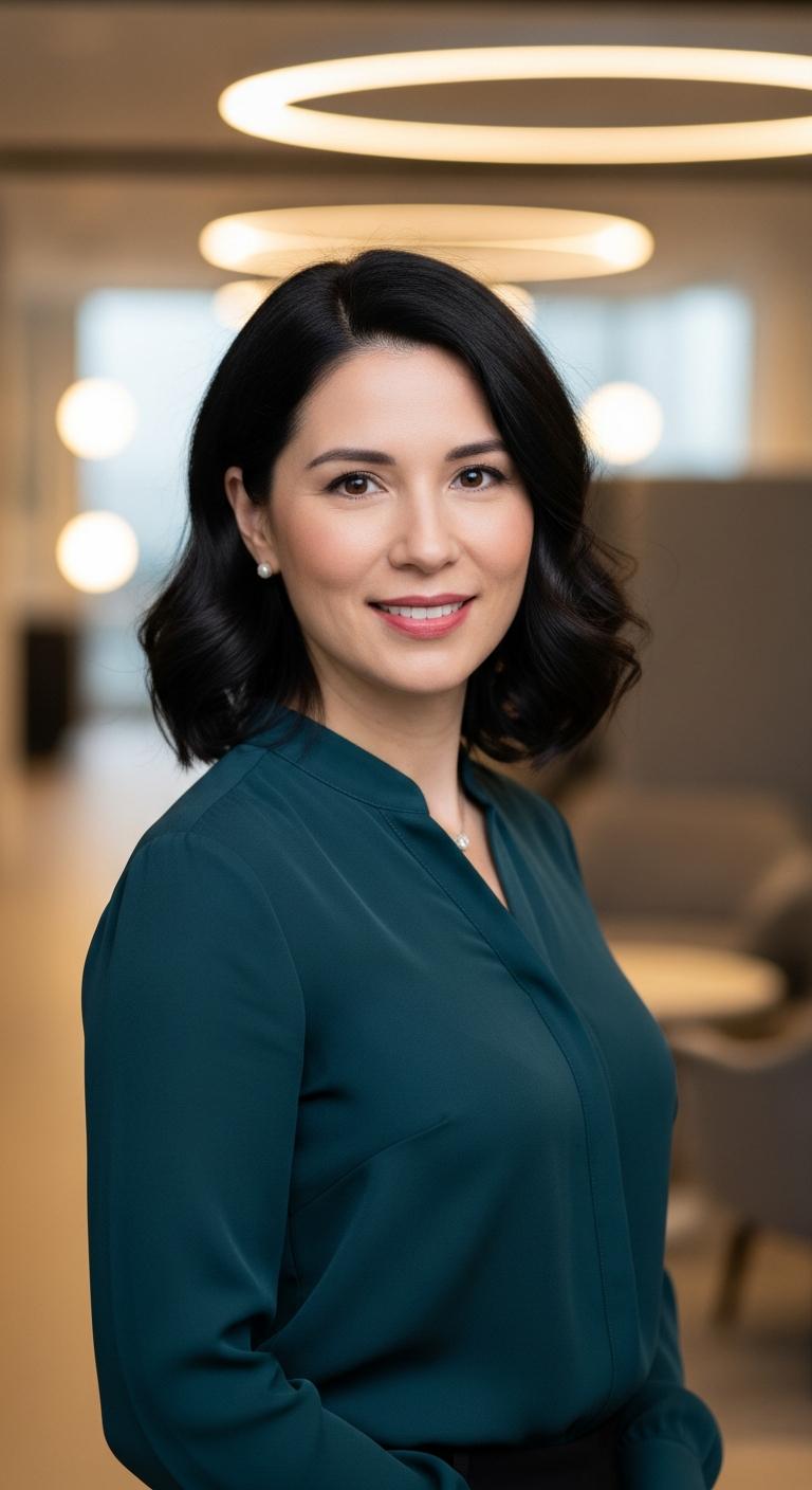 AI_IMAGE: A professional woman in her mid-30s wearing a tailored dark teal blouse, confident and warm expression, standing in a sleek office lounge area with subtle warm lighting, corporate headshot style with clean background | photorealistic | portrait