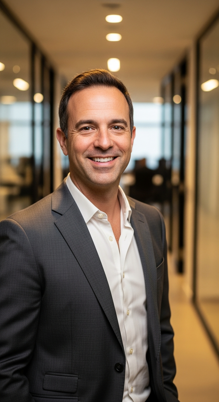 AI_IMAGE: A professional man in his early 40s wearing a charcoal suit and open-collar white shirt, approachable smile, standing in a contemporary office corridor with glass walls and warm lighting, corporate headshot style | photorealistic | portrait