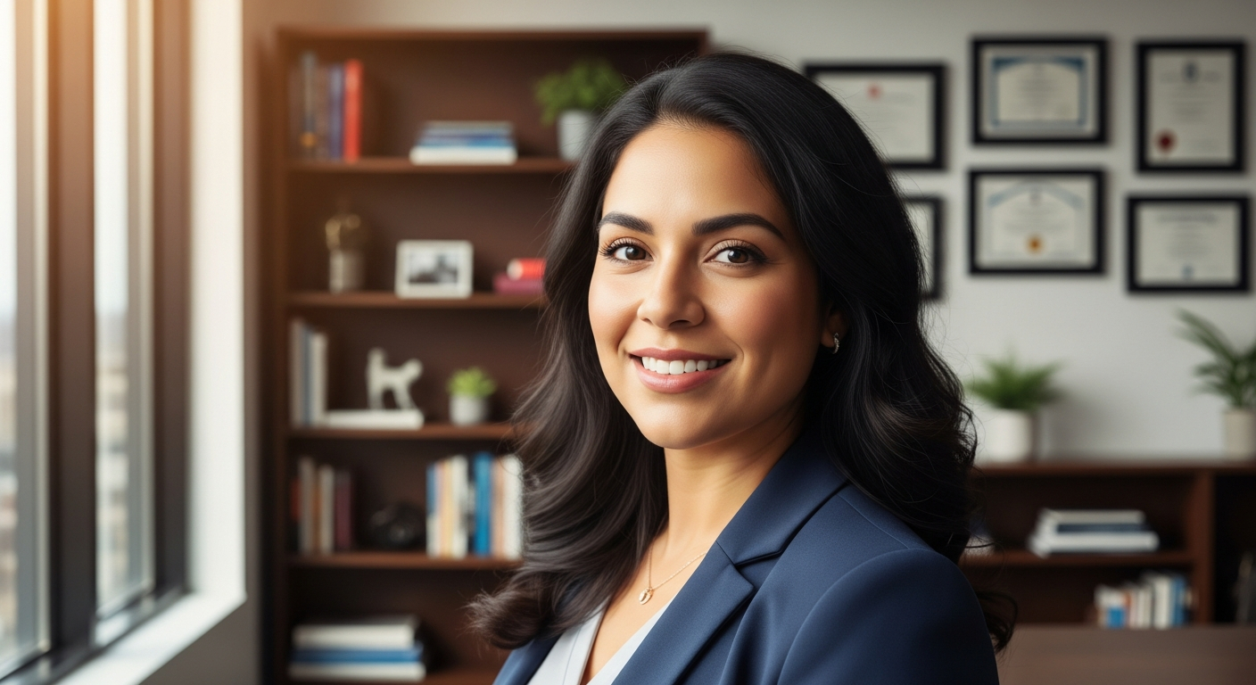 AI_IMAGE: Professional headshot of a confident Latina woman in her early 30s wearing a navy blazer, standing in a modern corporate office with warm natural light streaming through floor-to-ceiling windows, soft bokeh background of bookshelves and framed credentials | photorealistic | 3:4 portrait