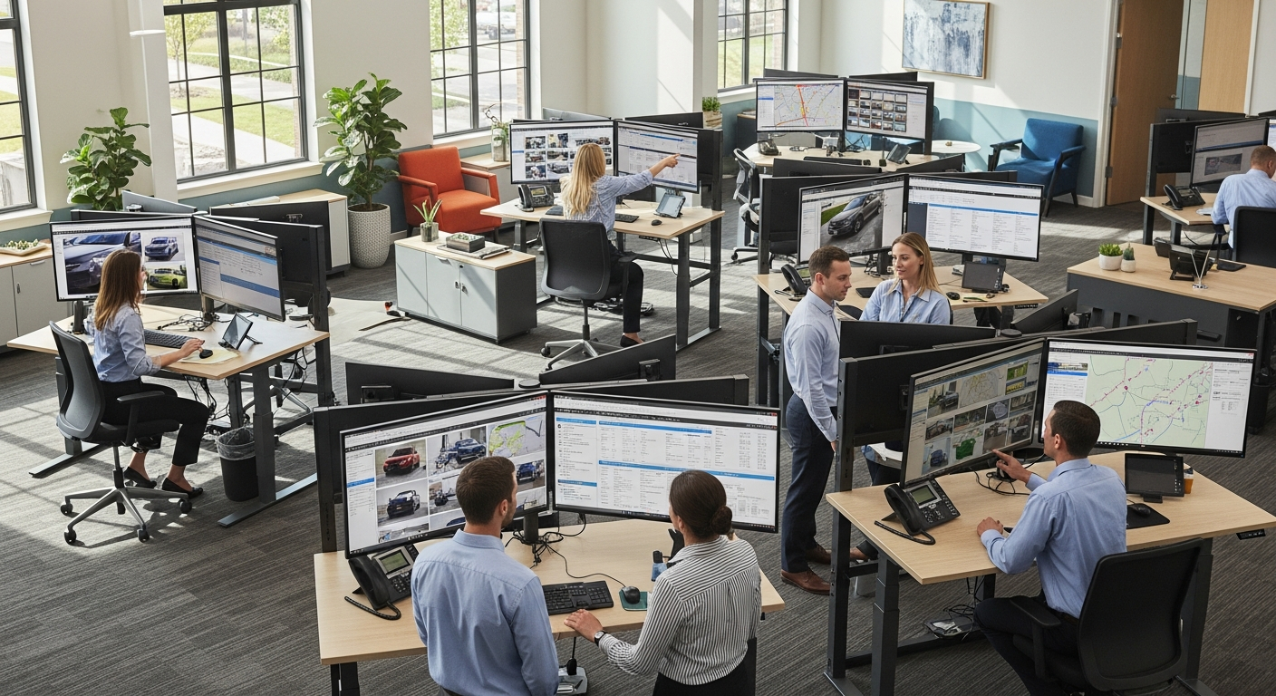 AI_IMAGE: Interior of a bright, modern insurance claims office with adjusters working at standing desks, large monitors displaying vehicle photos and claim documents, collaborative open-plan layout | photorealistic | landscape