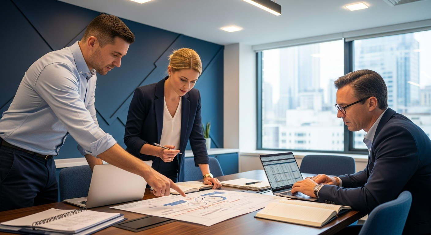 AI_IMAGE: A small team of insurance risk consultants reviewing a loss-control report together around a conference table in a modern office with navy accent walls, collaborative atmosphere, laptops and printed diagrams visible | photorealistic | landscape