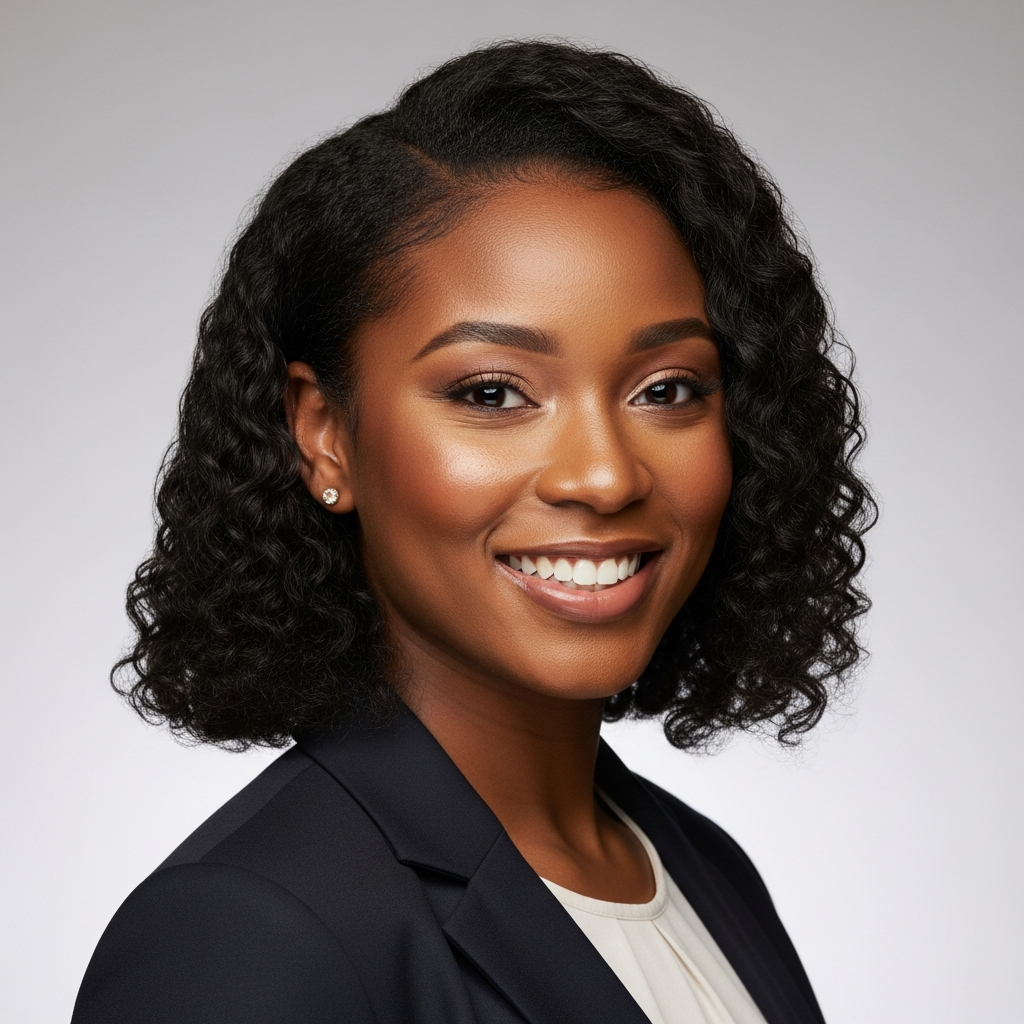 AI_IMAGE: Professional headshot of a young Black woman in her mid-20s with warm smile, dark blazer, soft studio lighting, neutral background | photorealistic | square