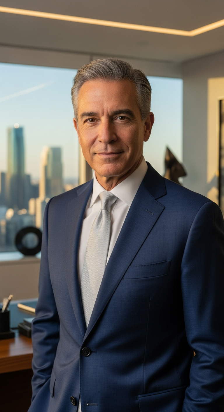 AI_IMAGE: Professional portrait of a distinguished man in his 50s wearing a tailored navy suit, standing in a modern executive office with city views, warm confident expression, editorial corporate photography | photorealistic | portrait