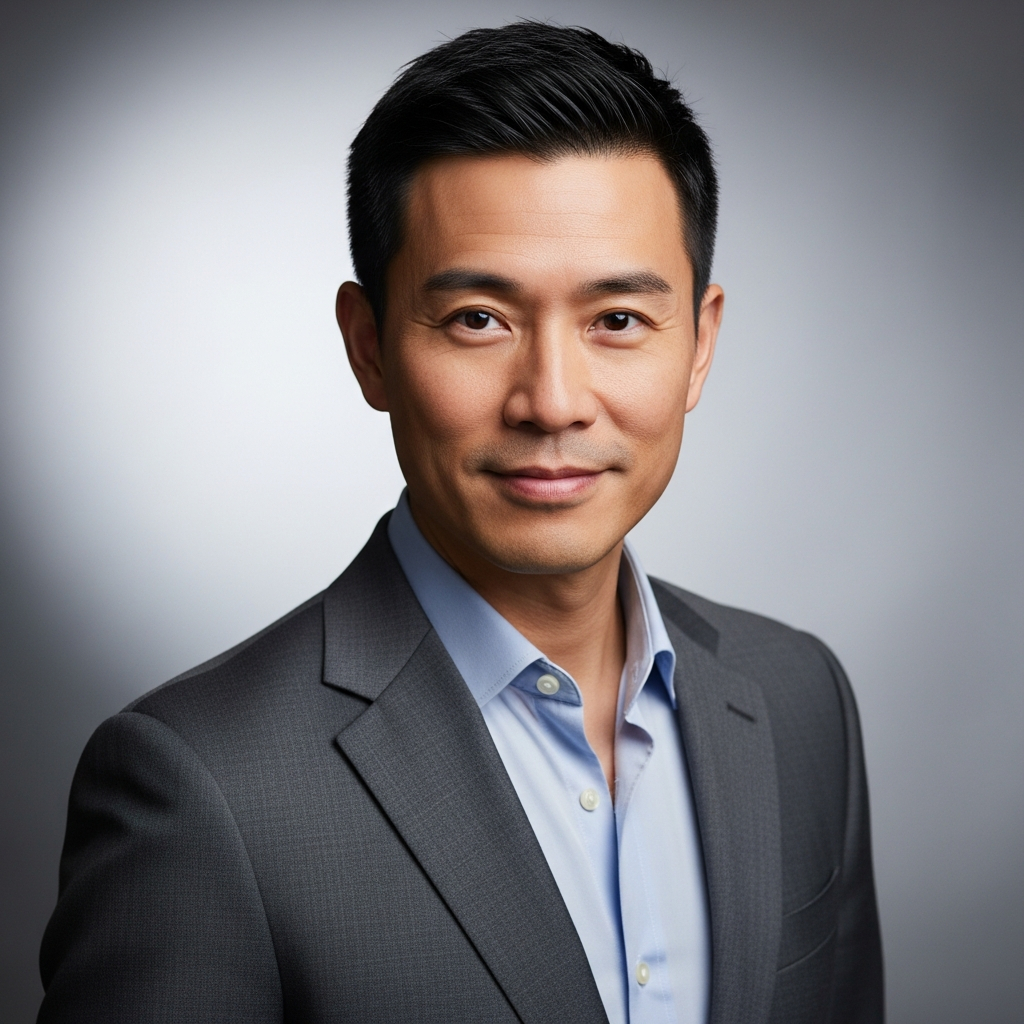 AI_IMAGE: Professional headshot of an Asian man in his late 30s with confident expression, charcoal suit and open collar, soft studio lighting, neutral background | photorealistic | square