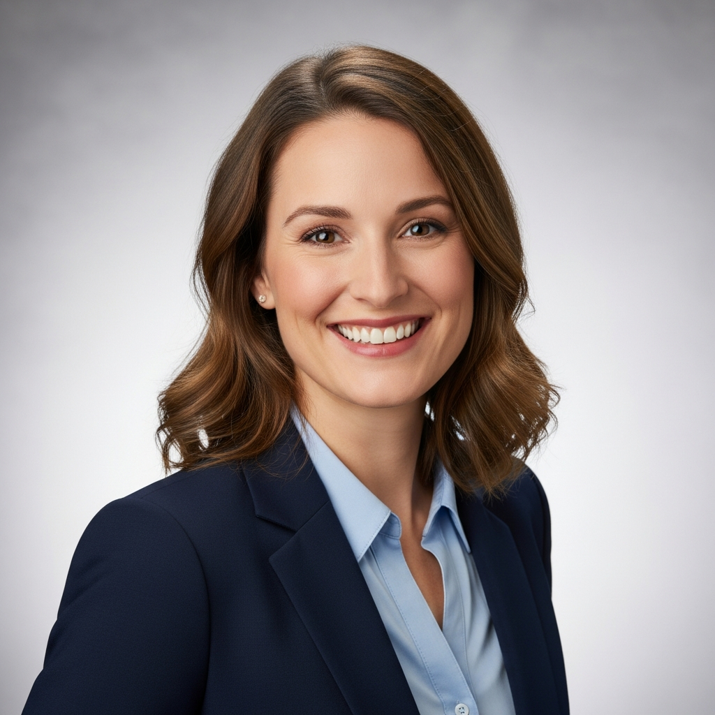 AI_IMAGE: Professional headshot of a woman in her early 30s with warm smile, navy blazer, soft studio lighting, neutral background | photorealistic | square