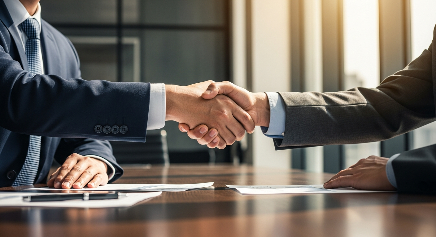 AI_IMAGE: A close-up of two professionals shaking hands across a polished conference table, warm natural lighting from floor-to-ceiling windows, corporate trust and partnership atmosphere, shallow depth of field | photorealistic | landscape