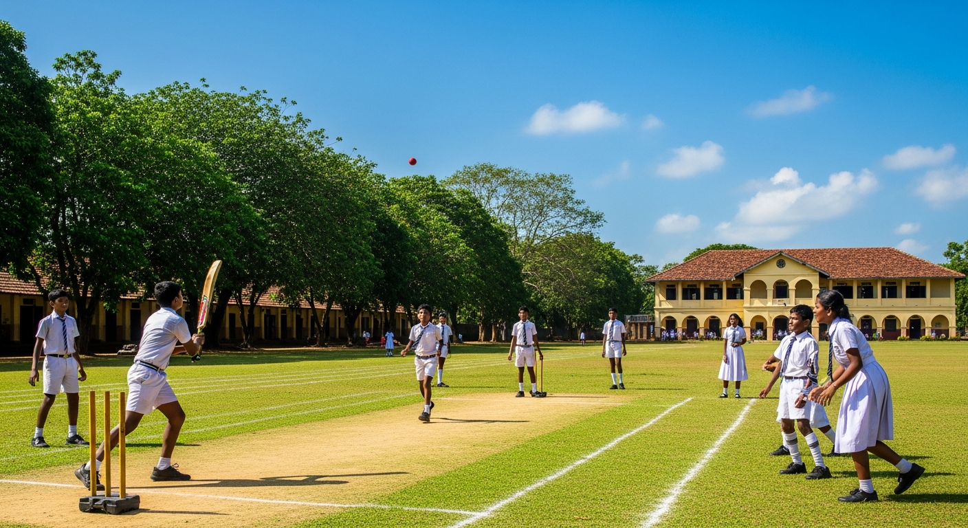 AI_IMAGE: A group of Sri Lankan school children in white uniforms playing cricket on a well-maintained school sports field, trees lining the boundary, a school building visible in the background, clear sky, energetic midday atmosphere | photorealistic | landscape