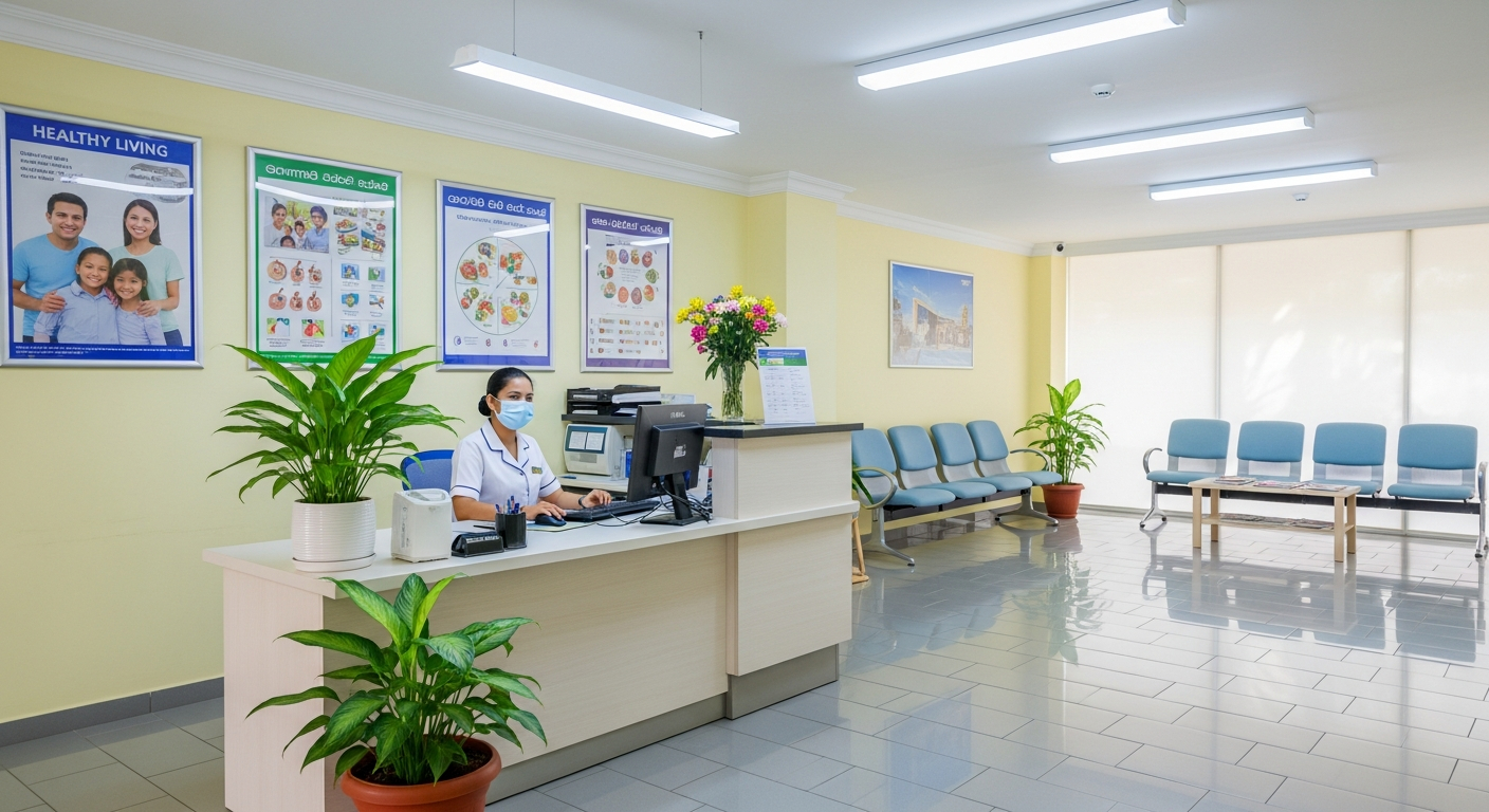 AI_IMAGE: A bright reception area inside a Sri Lankan private clinic with a nurse at the front desk, informational posters on the wall, potted plants, and a clean tiled floor under fluorescent lighting | photorealistic | landscape