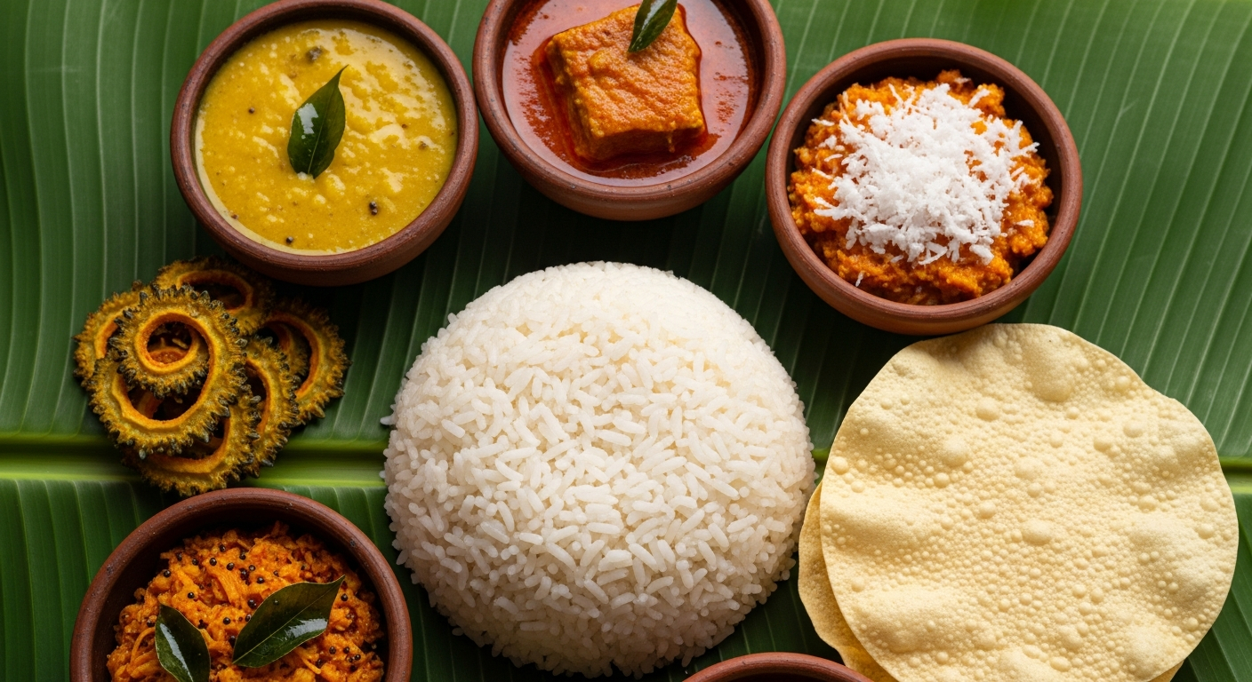 AI_IMAGE: A close-up overhead shot of a traditional Sri Lankan rice and curry spread on a banana leaf, with white rice in the center surrounded by small clay bowls of dhal curry, fish curry, coconut sambol, fried bitter gourd, and papadum, warm natural light from a window, vibrant colors | photorealistic | landscape