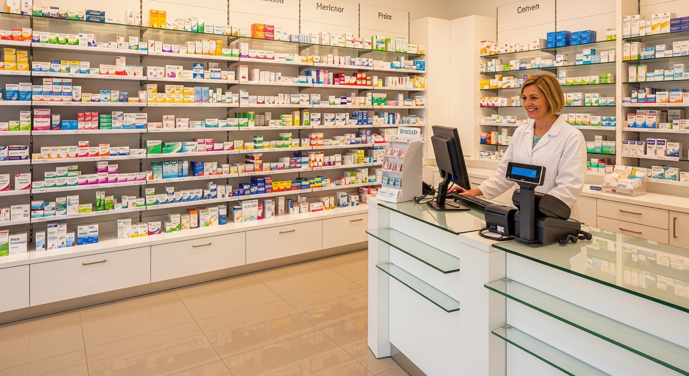 AI_IMAGE: Interior of a clean well-organized pharmacy with white shelving units filled with medicine boxes arranged by category, a glass counter with a digital cash register, a pharmacist in a white lab coat reviewing a prescription, warm interior lighting, spotless tile floor | photorealistic | landscape