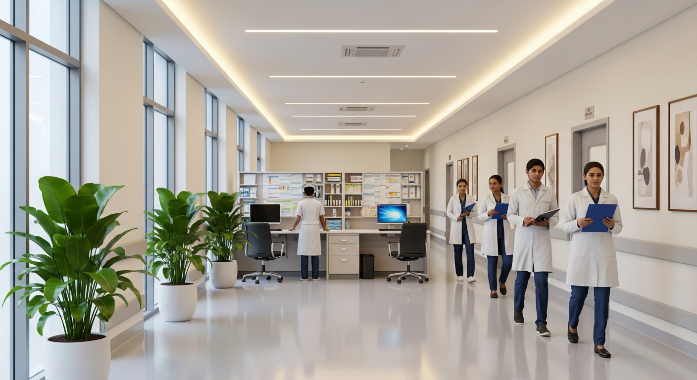 AI_IMAGE: Interior corridor of a clean Sri Lankan hospital with polished floors, soft fluorescent lighting, a nursing station visible in the background, potted plants by the windows, and a few healthcare workers in white coats walking along the hallway, calm professional atmosphere | photorealistic | landscape