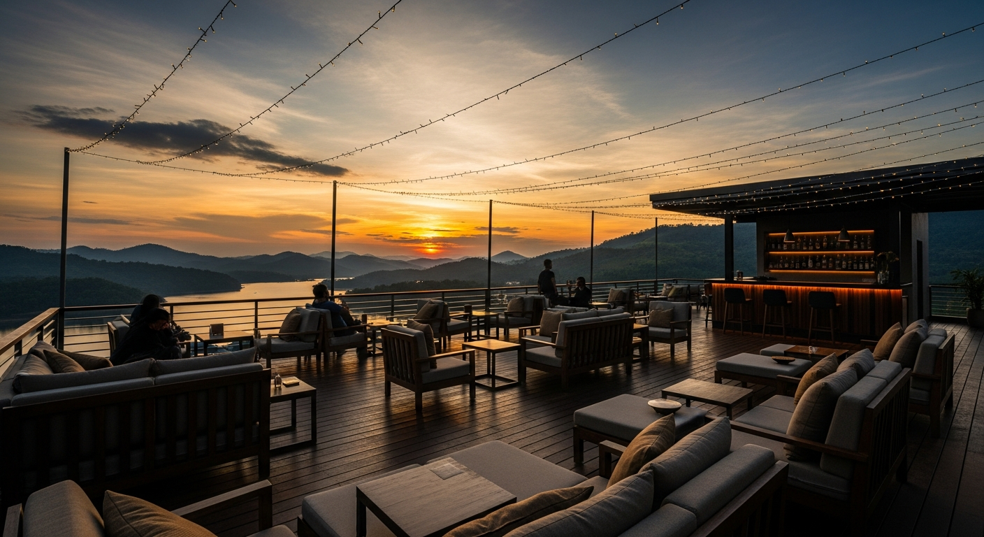 AI_IMAGE: A rooftop lounge of a Sri Lankan hotel at sunset, wooden deck furniture with cushions, string lights overhead, a small bar counter in the background, a panoramic view of a lake and distant green hills, warm amber and blue tones in the sky, relaxed upscale atmosphere | photorealistic | landscape